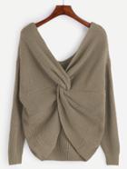Shein Pale Khaki Double V Neck Knot Sweater