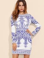 Shein Blue And White Geo Print Bodycon Dress