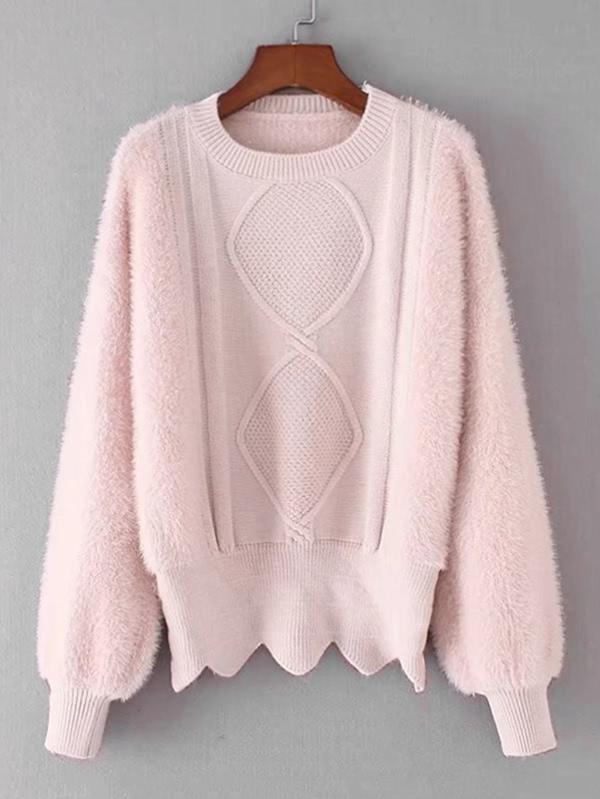 Shein Lantern Sleeve Zigzag Hem Fluffy Sweater