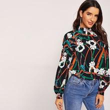 Shein Graphic Print Mock-neck Keyhole Back Top