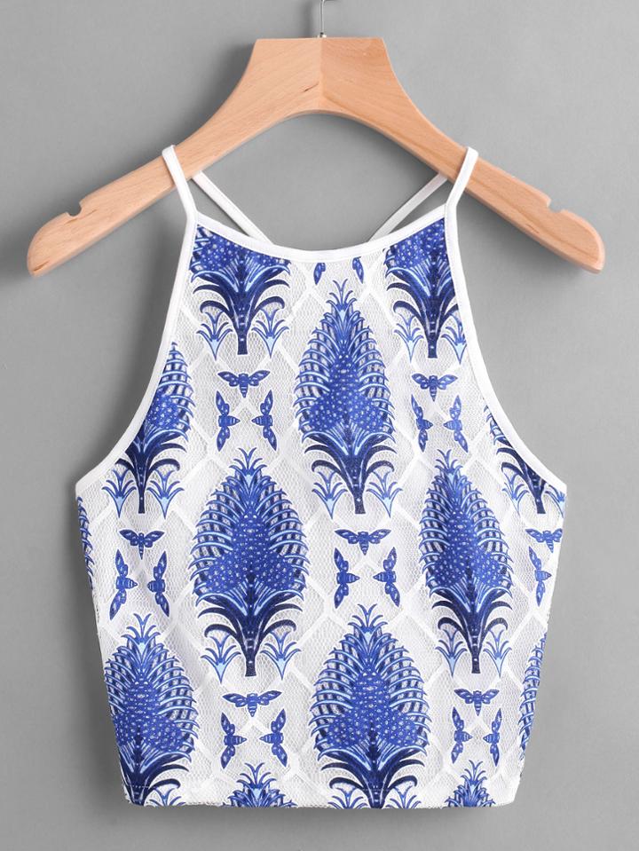Shein Plants Print Lace Halter Top