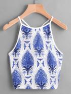 Shein Plants Print Lace Halter Top