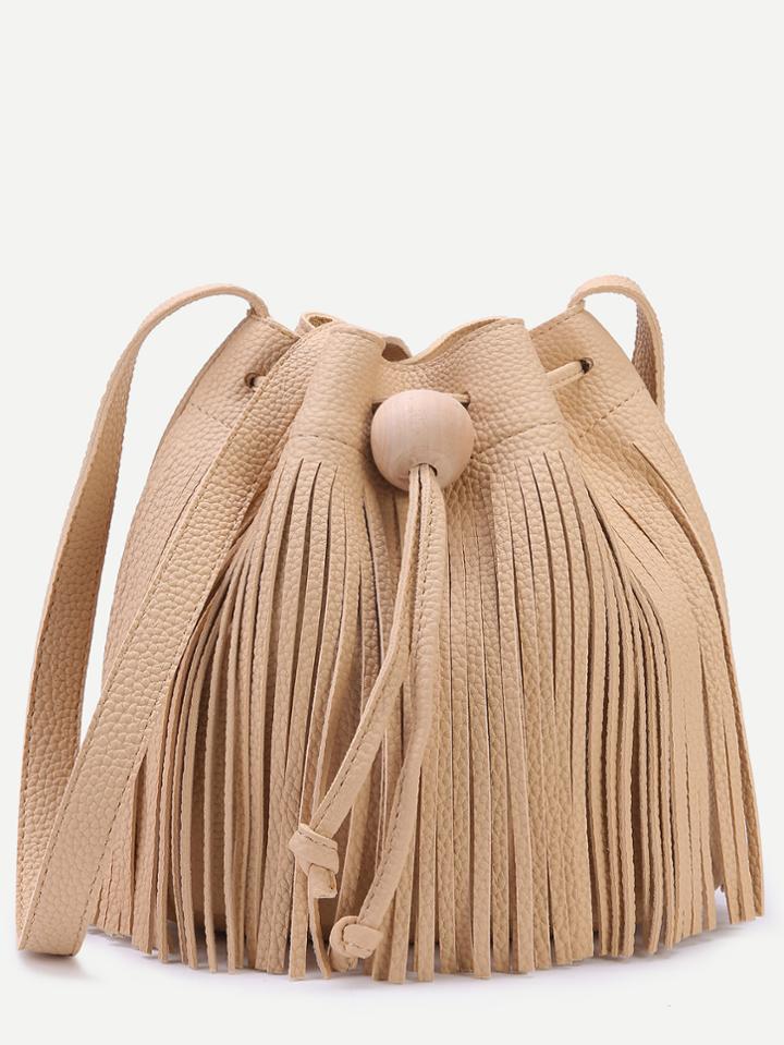 Shein Khaki Pebbled Pu Tassel Fringe Drawstring Bucket Bag