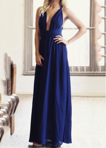 Rosewe Deep V Neck Open Back Royal Blue Dress