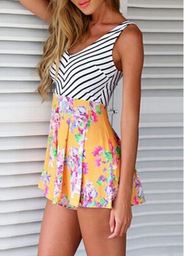 Rosewe Stripe And Flower Print Sleeveless Pleated Romper