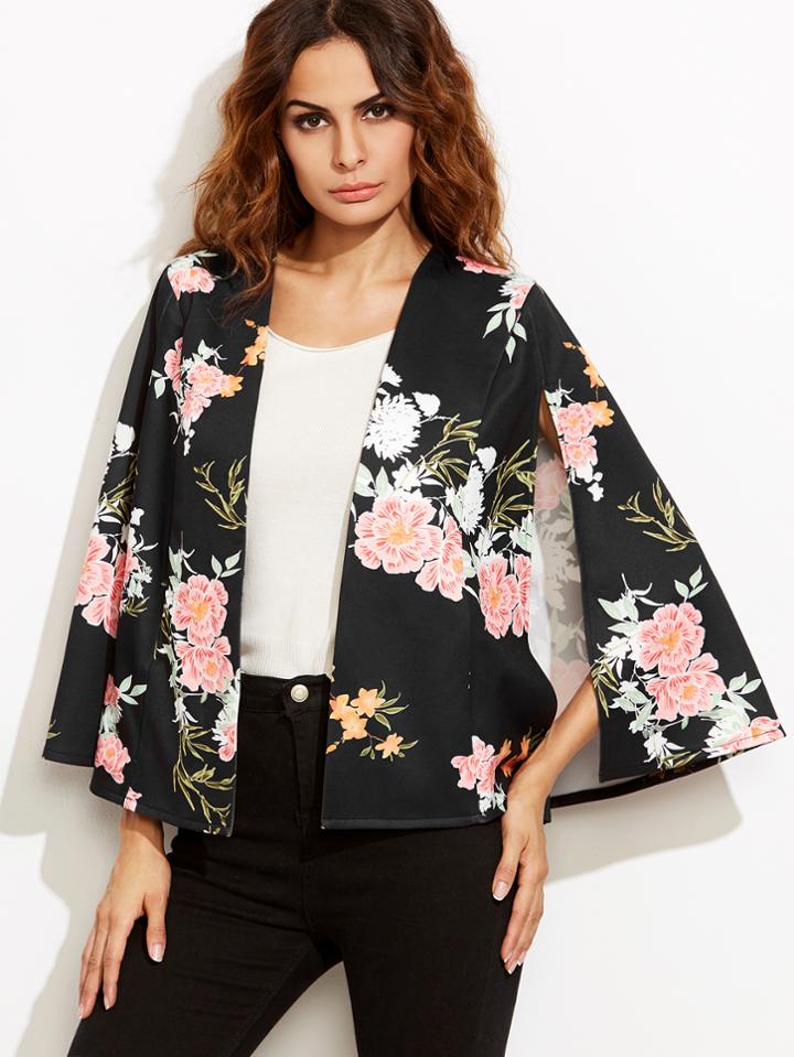 Shein Black Flower Print Open Front Cape Blazer