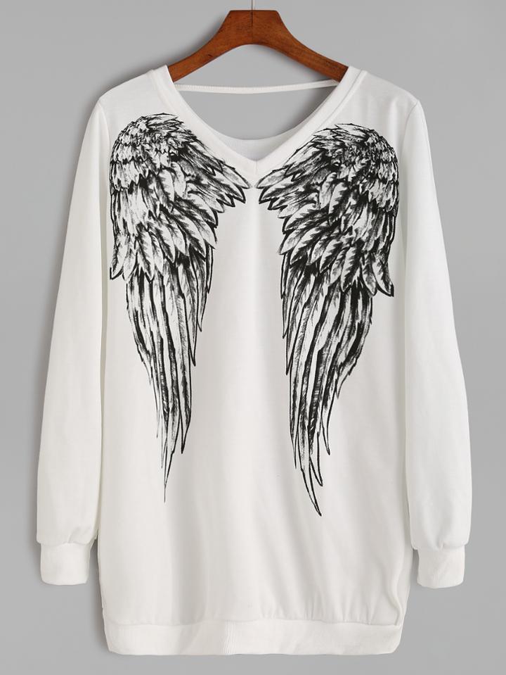 Shein White Angel Wings Print Sweatshirt