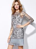 Shein Grey Round Neck Length Sleeve Contrast Gauze Embroidered Dress