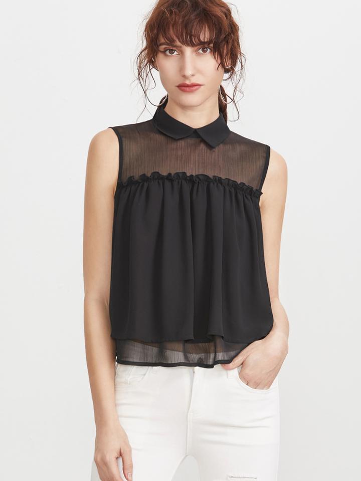 Shein Black Mesh Shoulder Sleeveless Frill Trim Layered Top