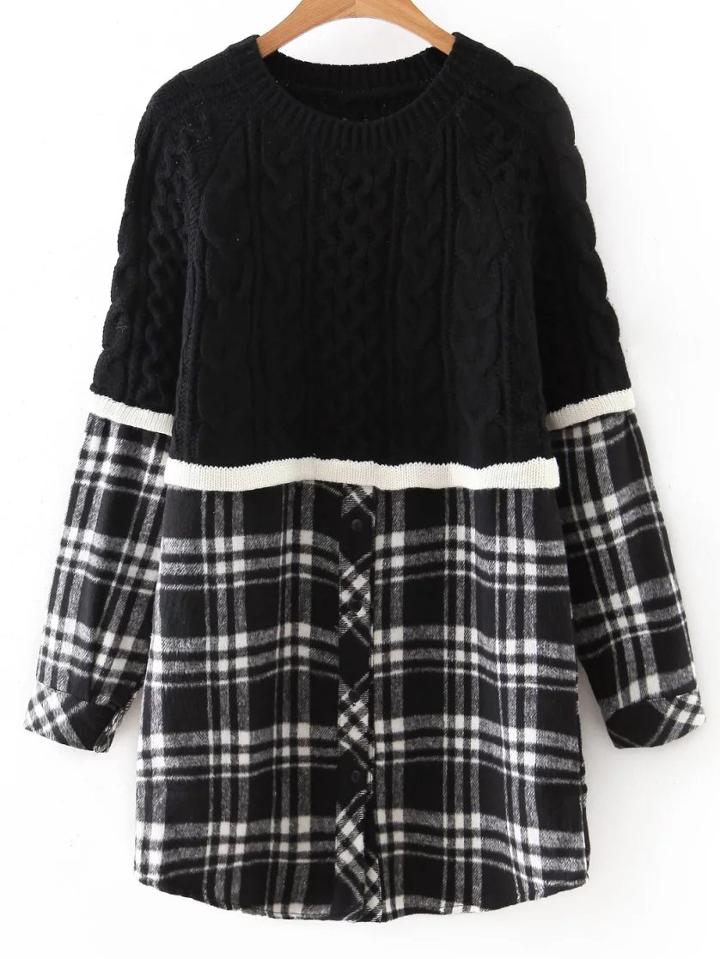 Shein Color Block Plaid Button Front Long Sweater
