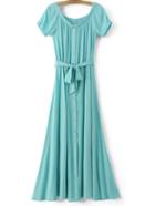 Shein Green Boat Neck Buttons Front Tie-waist Bow Midi Dress