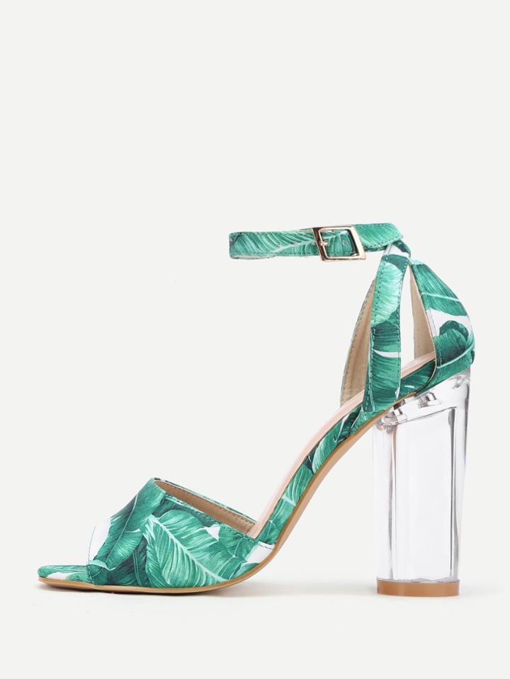 Shein Leaf Print Clear Heeled Sandals