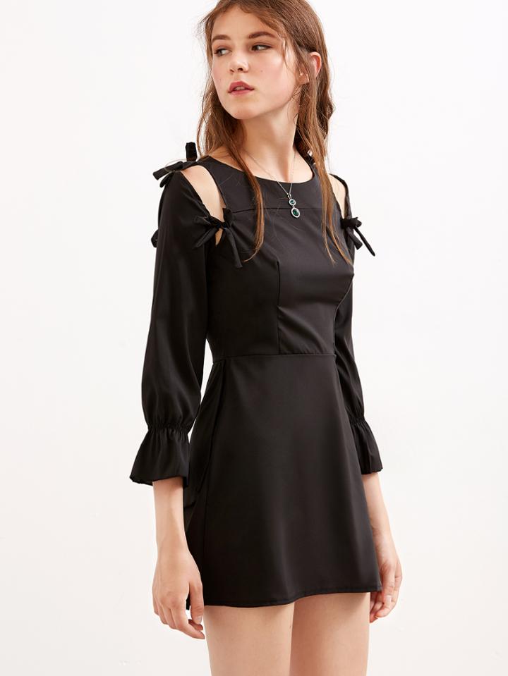 Shein Black Cutout Bow Tie Zipper A-line Dress