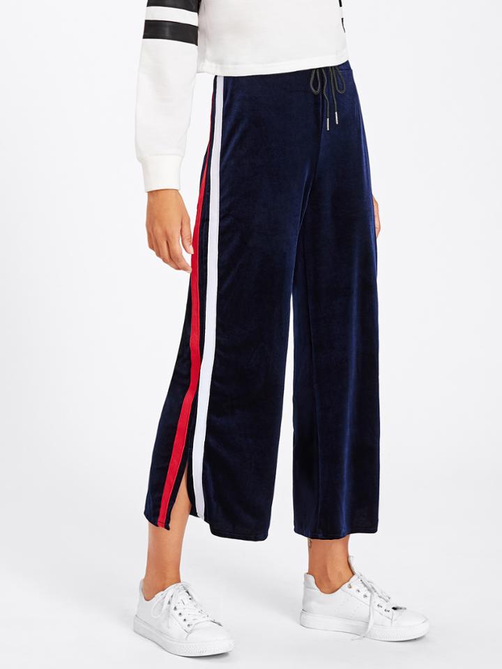Shein Tape Detail Slit Side Velvet Wide Pants