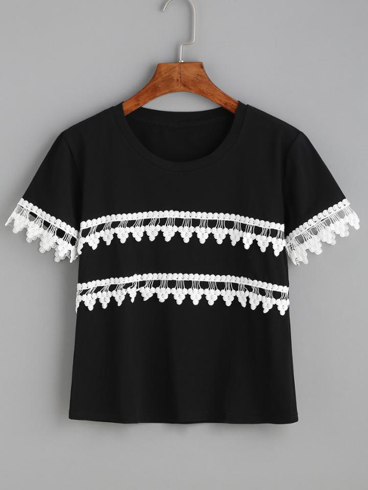 Shein Black Contrast Appliques T-shirt