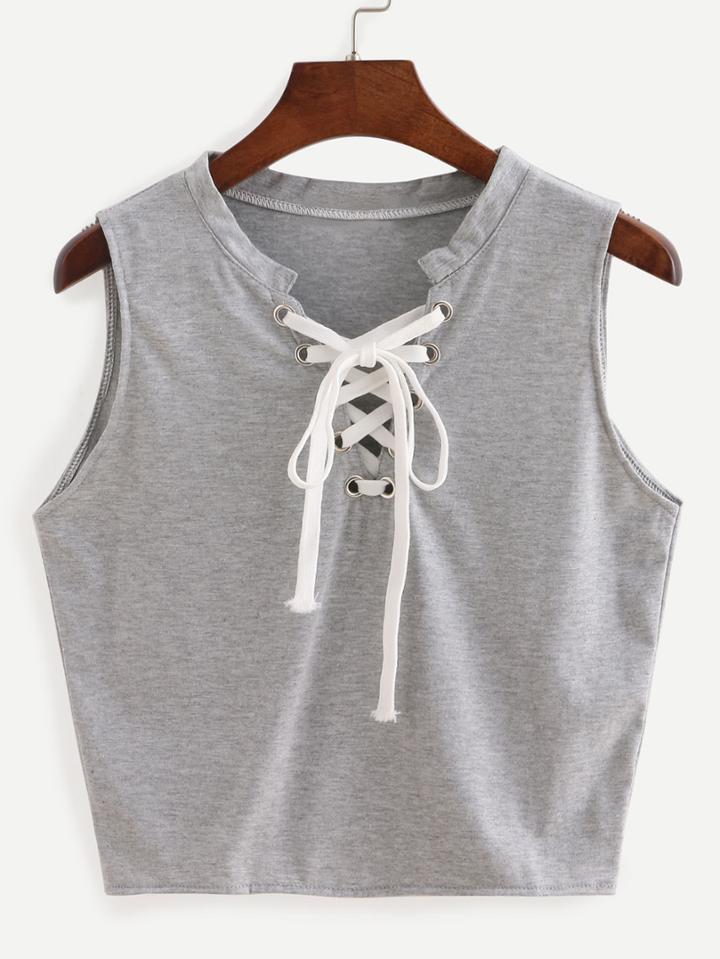 Shein Eyelet Lace-up Tank Top - Grey