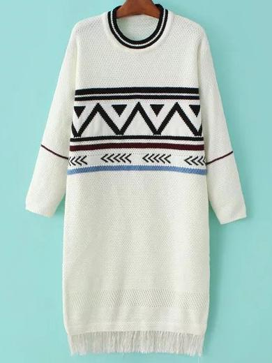 Shein White Geometric Pattern Fringe Hem Sweater Dress