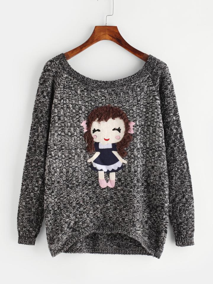 Shein Doll Patch Space Dye Raglan Sleeve Jumper