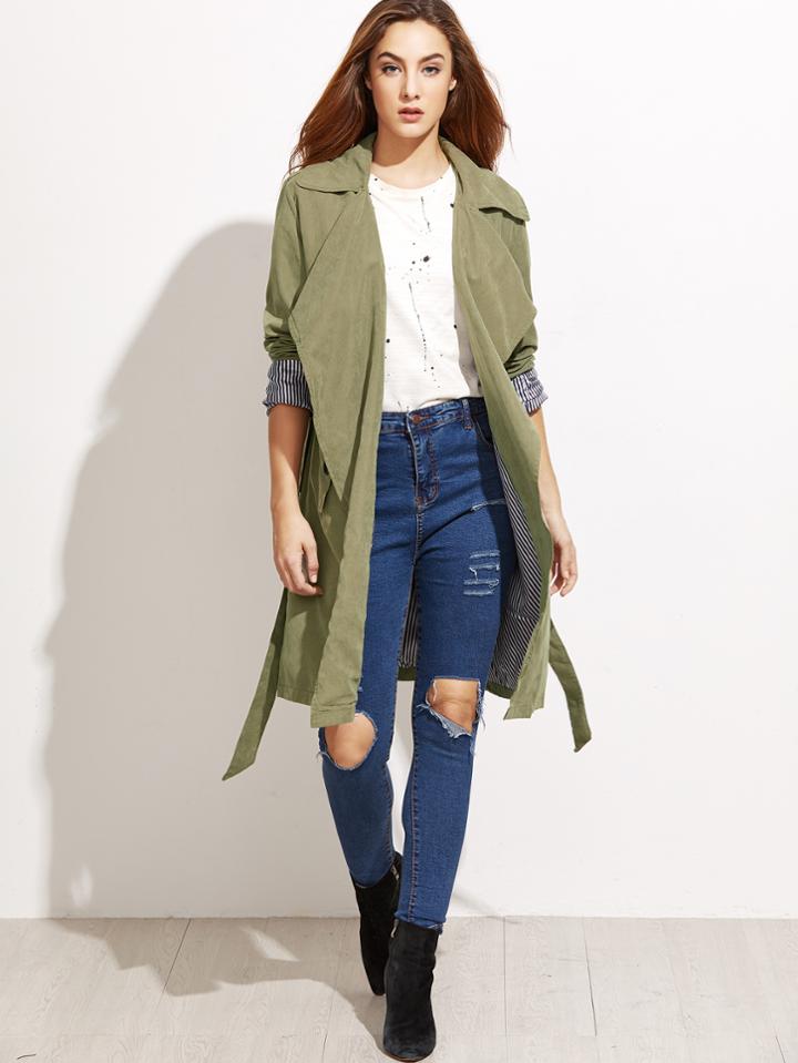 Shein Army Green Self Tie Layered Wrap Coat