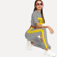 Shein Mock Neck Crop Top & Contrast Tape Pants Set