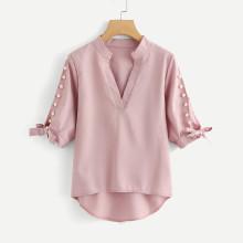 Shein Plus V Neckline Pearl Beaded Dip Hem Blouse