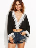 Shein Black Deep V Neck Contrast Crochet Fringe Top