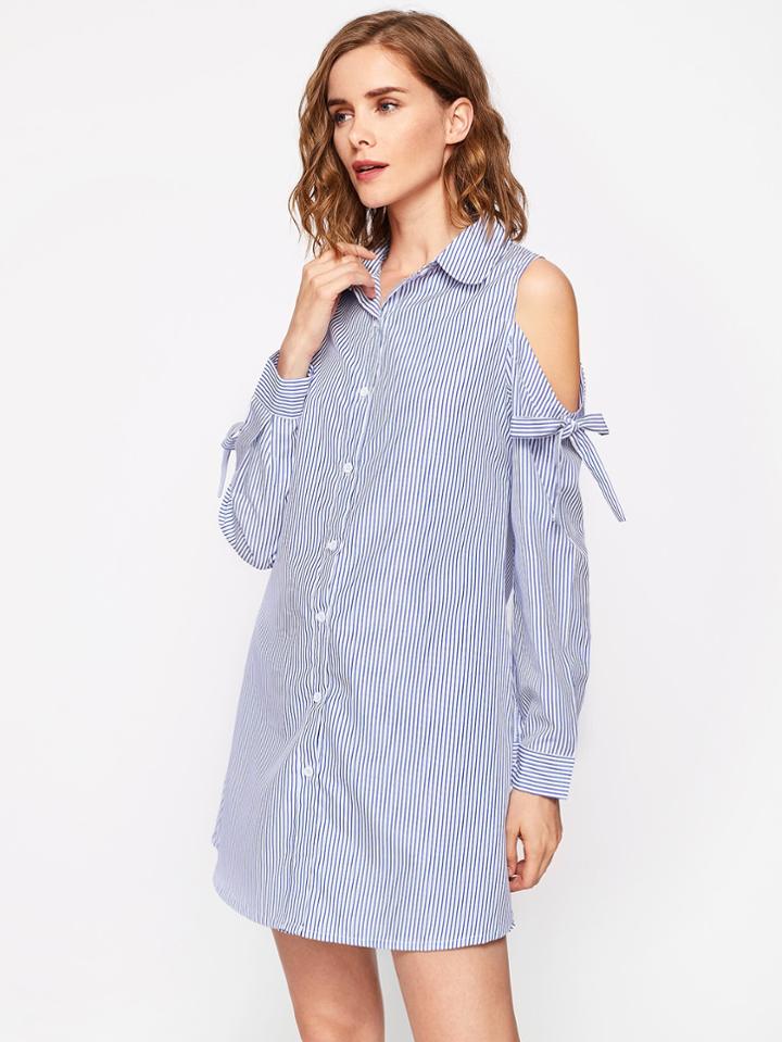 Shein Open Shoulder Tie Detail Vertical Striped Dress