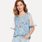 Shein Calico Print Sheer Mesh Panel Top