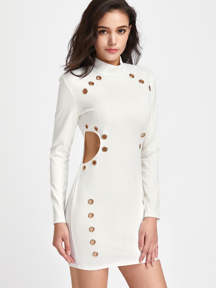 Shein Band Collar Cut Out Side Dress With Eyelet Detail