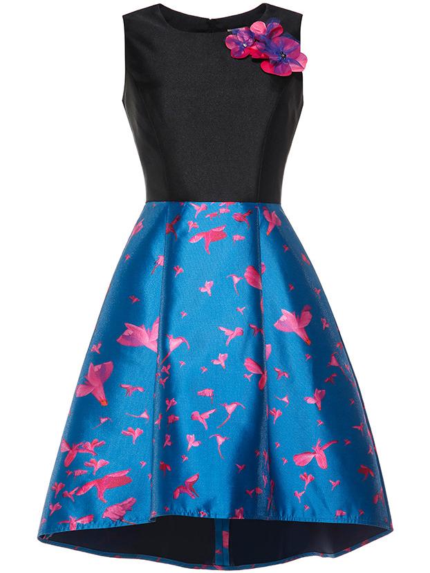 Shein Black Contrast Blue Applique Pouf Print High Low Dress