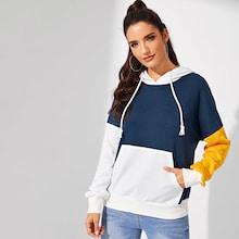 Shein Pocket Front Drawstring Color Block Hoodie