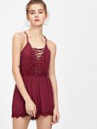 Shein Eyelet Lace Up Criss Cross Back Lace Hem Romper