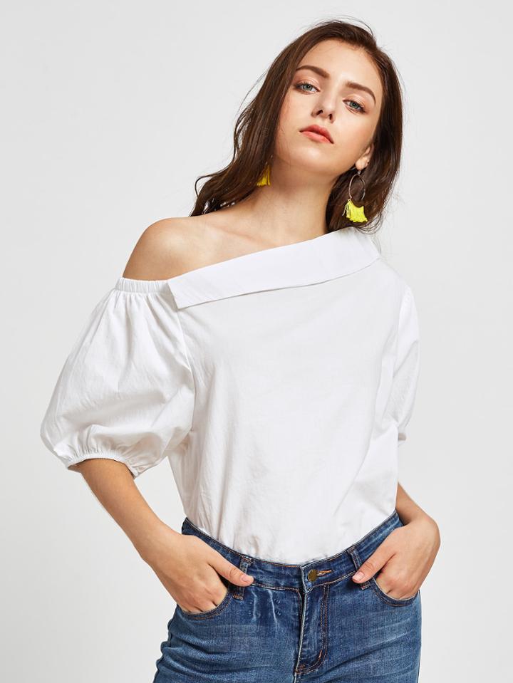 Shein Fold Over Oblique Shoulder Lantern Sleeve Blouse