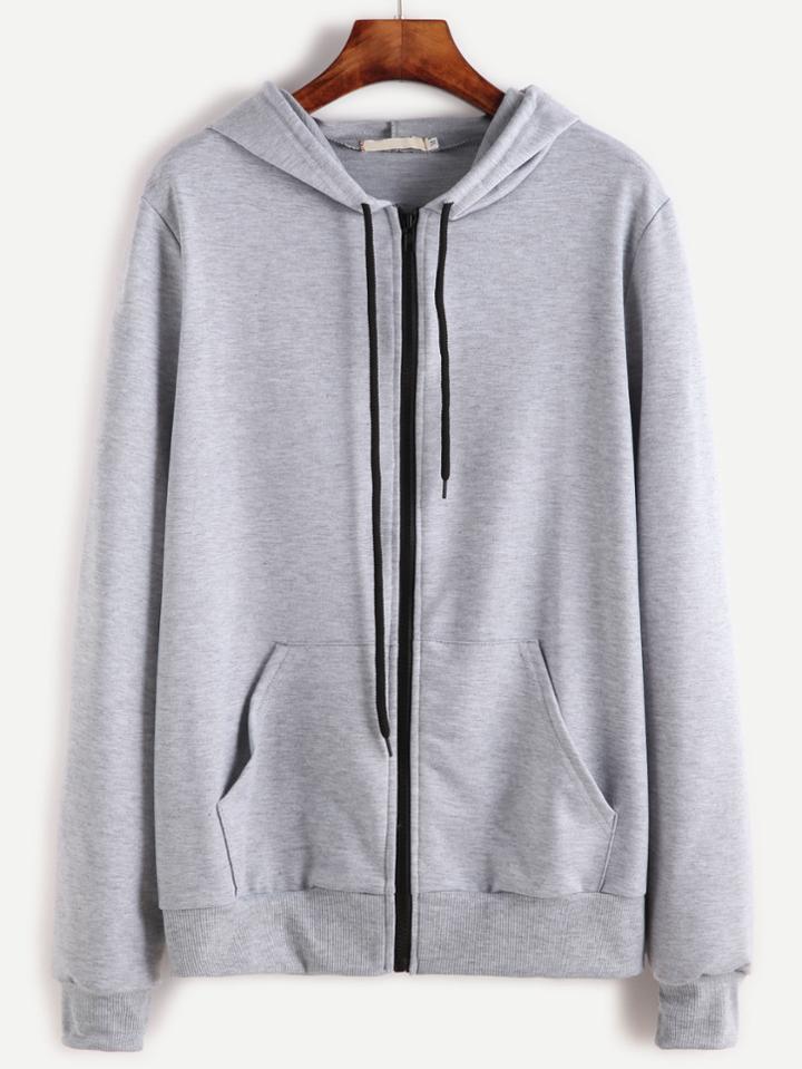 Shein Light Grey Contrast Zip Drawstring Hooded Pocket Sweatshirt