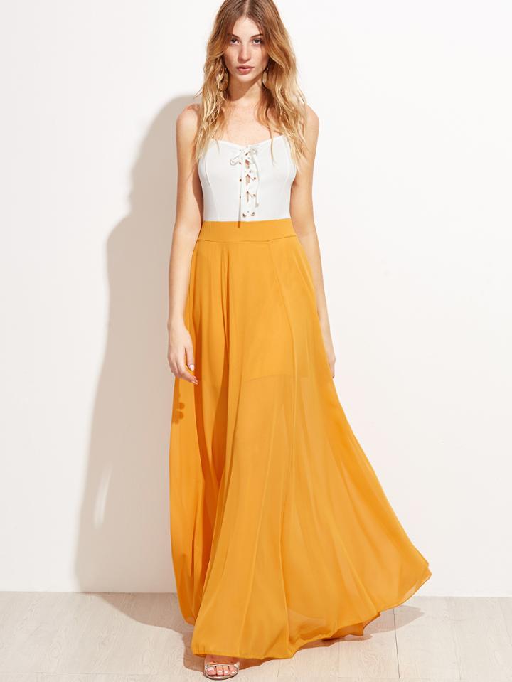 Shein Yellow Contrast Eyelet Lace Up Split Slip Dress