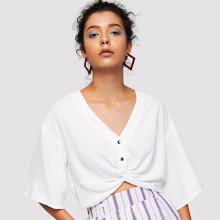 Shein Buttoned Twist Front Crop Blouse