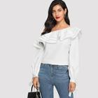 Shein Lace Insert Flounce Asymmetric Shoulder Top