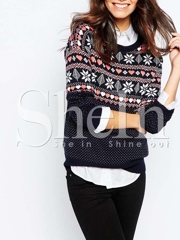 Shein Navy Long Sleeve Geometric Print Sweater