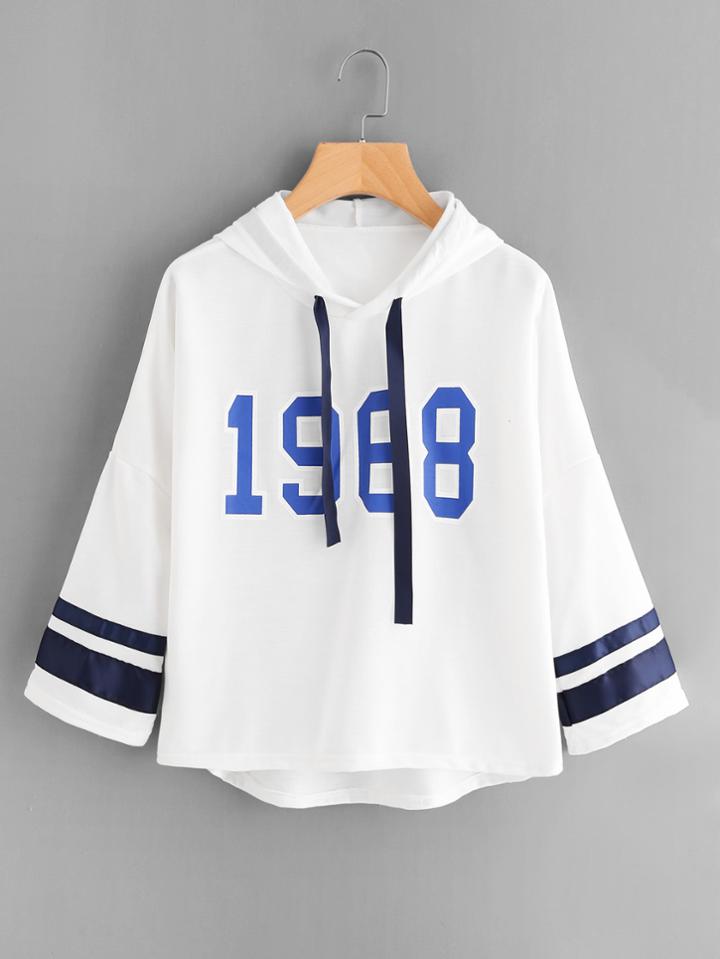 Shein Number Print Striped Sleeve Dip Hem Hoodie