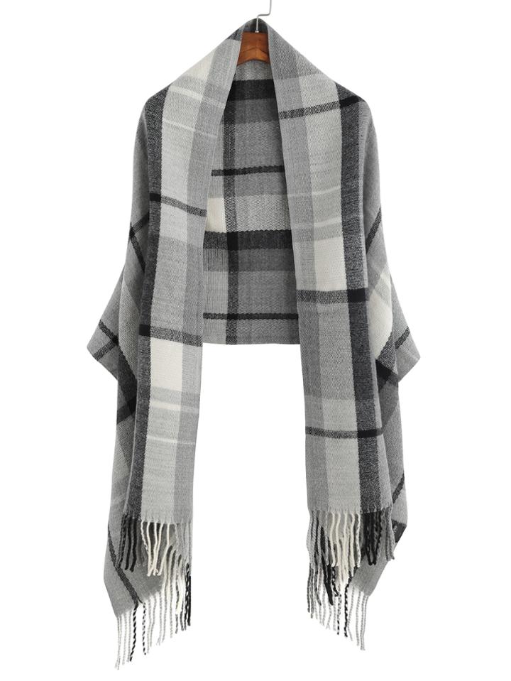 Shein Grey Tone Plaid Fringe Edge Shawl Scarf