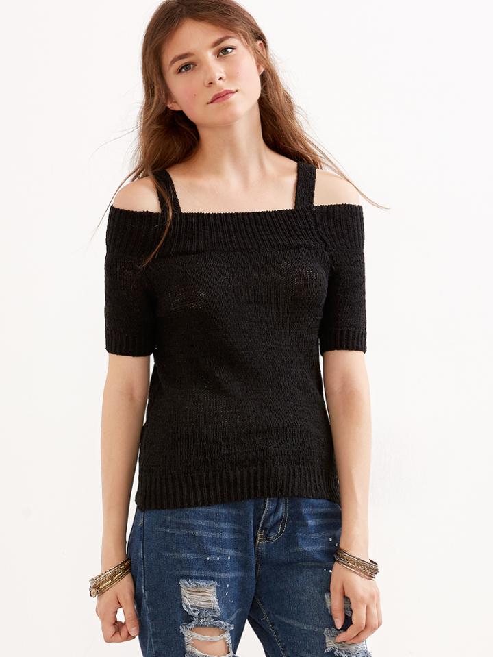 Shein Black Cold Shoulder Knit Sweater