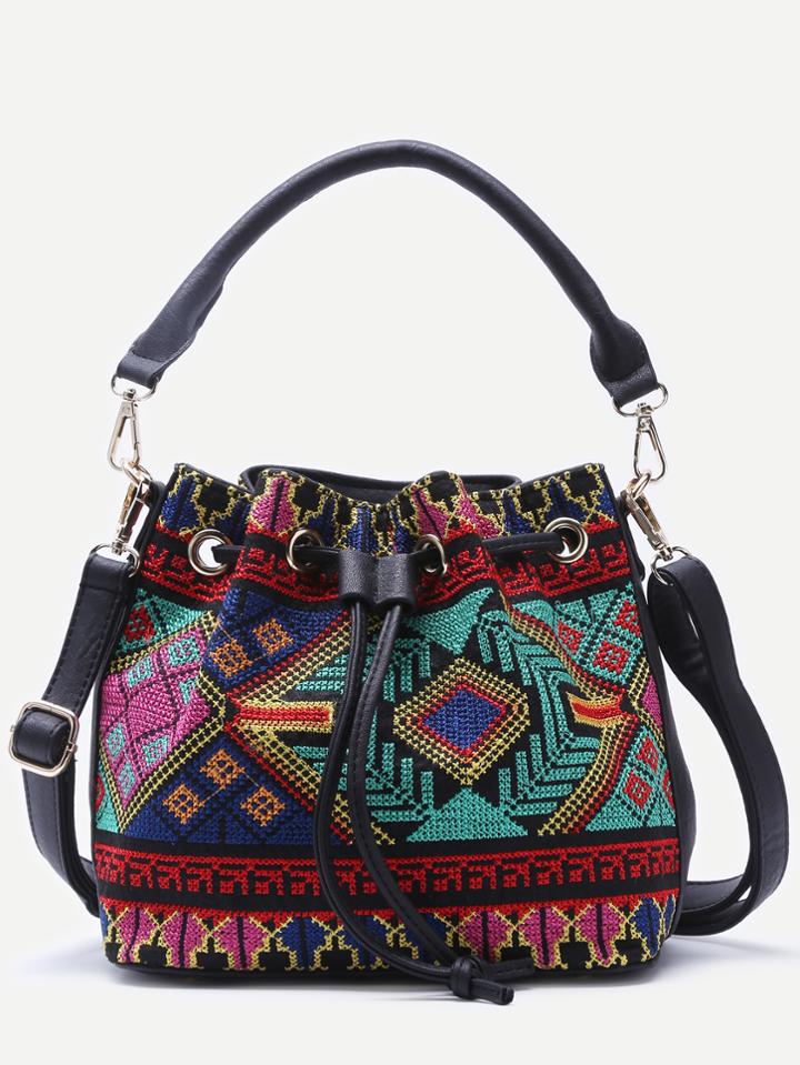 Shein Multicolor Tribal Embroidered Bucket Bag With Convertible Strap