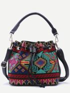 Shein Multicolor Tribal Embroidered Bucket Bag With Convertible Strap