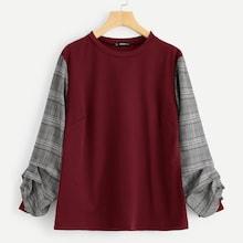 Shein Plus Plaid Gathered Sleeve T-shirt