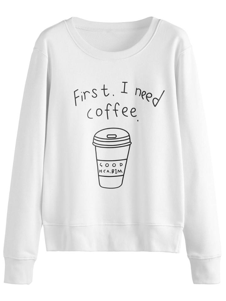 Shein White Coffee Cup Letters Print Sweatshirt