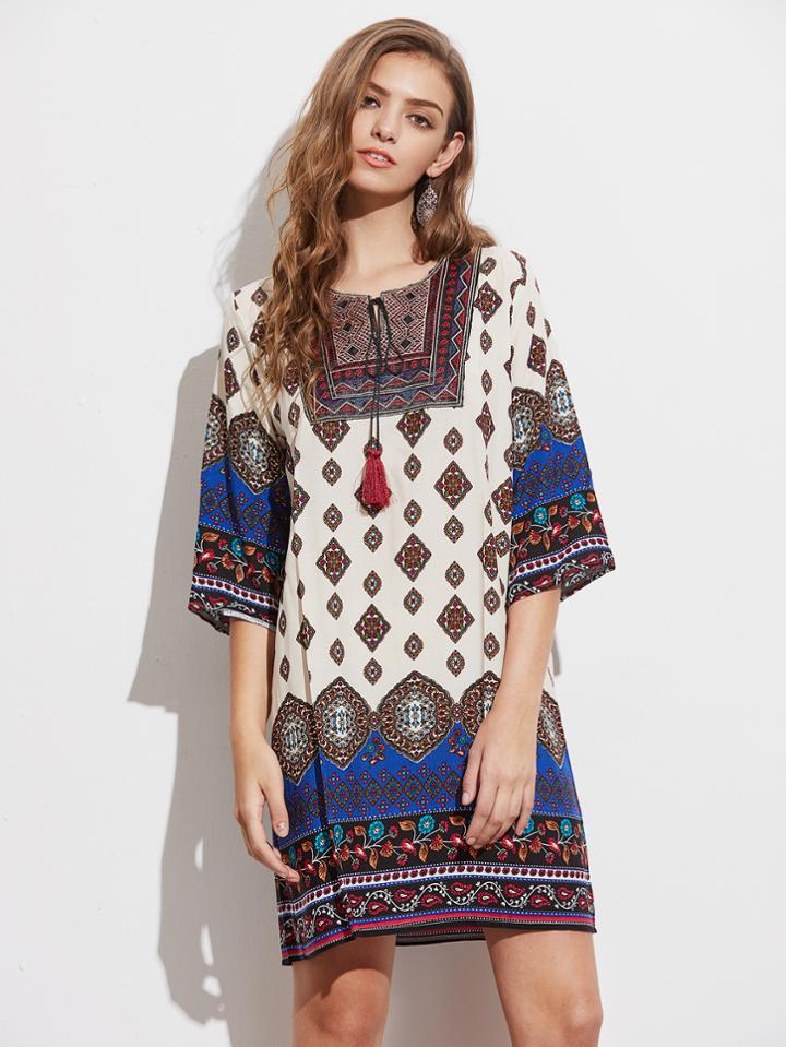 Shein Tribal Print Tassel Tie Neck Dress