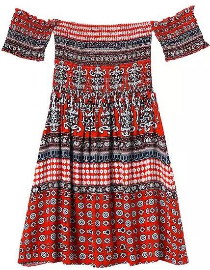 Shein Off The Shoulder Vintage Print Pleated Orange Dress
