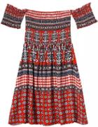 Shein Off The Shoulder Vintage Print Pleated Orange Dress