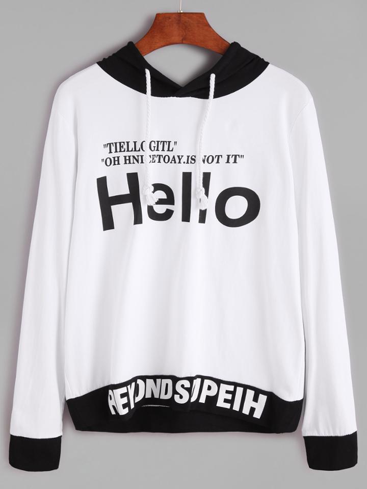 Shein Contrast Trim Slogan Print Hooded Sweatshirt