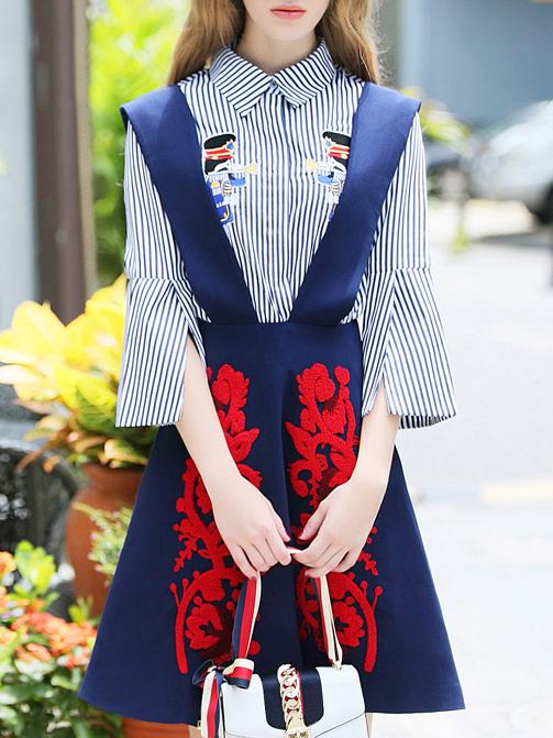 Shein Blue Lapel Striped Embroidered Two-pieces Dress